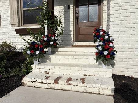 Patriotic Memorial Day arrangement, red white and blue